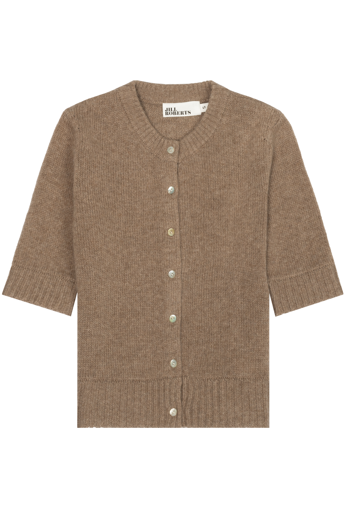 A brown knit cardigan sweater with 3/4 sleeves, a crew neck, and a button-up front, shown flat on a white background.