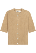 A beige knit cardigan sweater with a crew neck, 3/4 sleeves, and a button-up front, shown flat on a white background. 