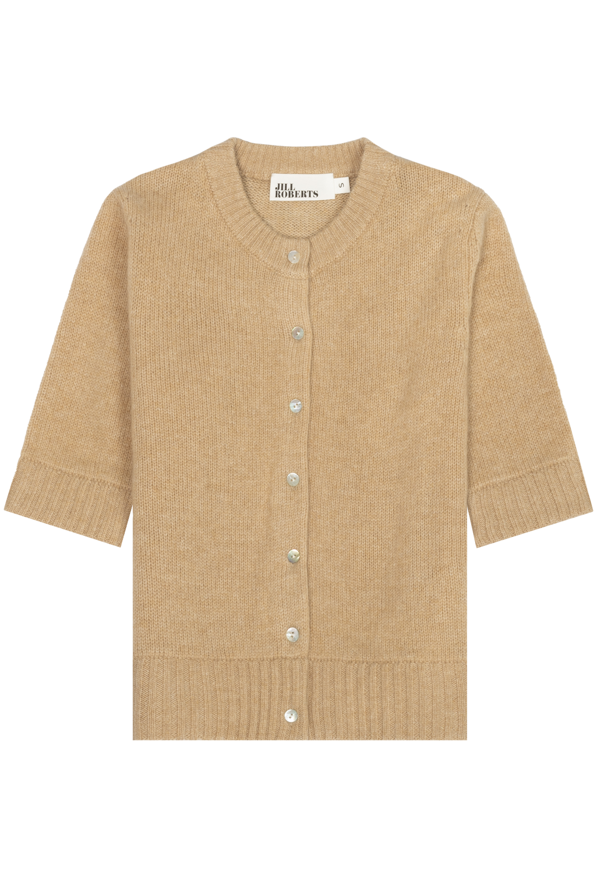A beige knit cardigan sweater with a crew neck, 3/4 sleeves, and a button-up front, shown flat on a white background. 