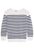 Striped sweater with navy and white stripes on a white background