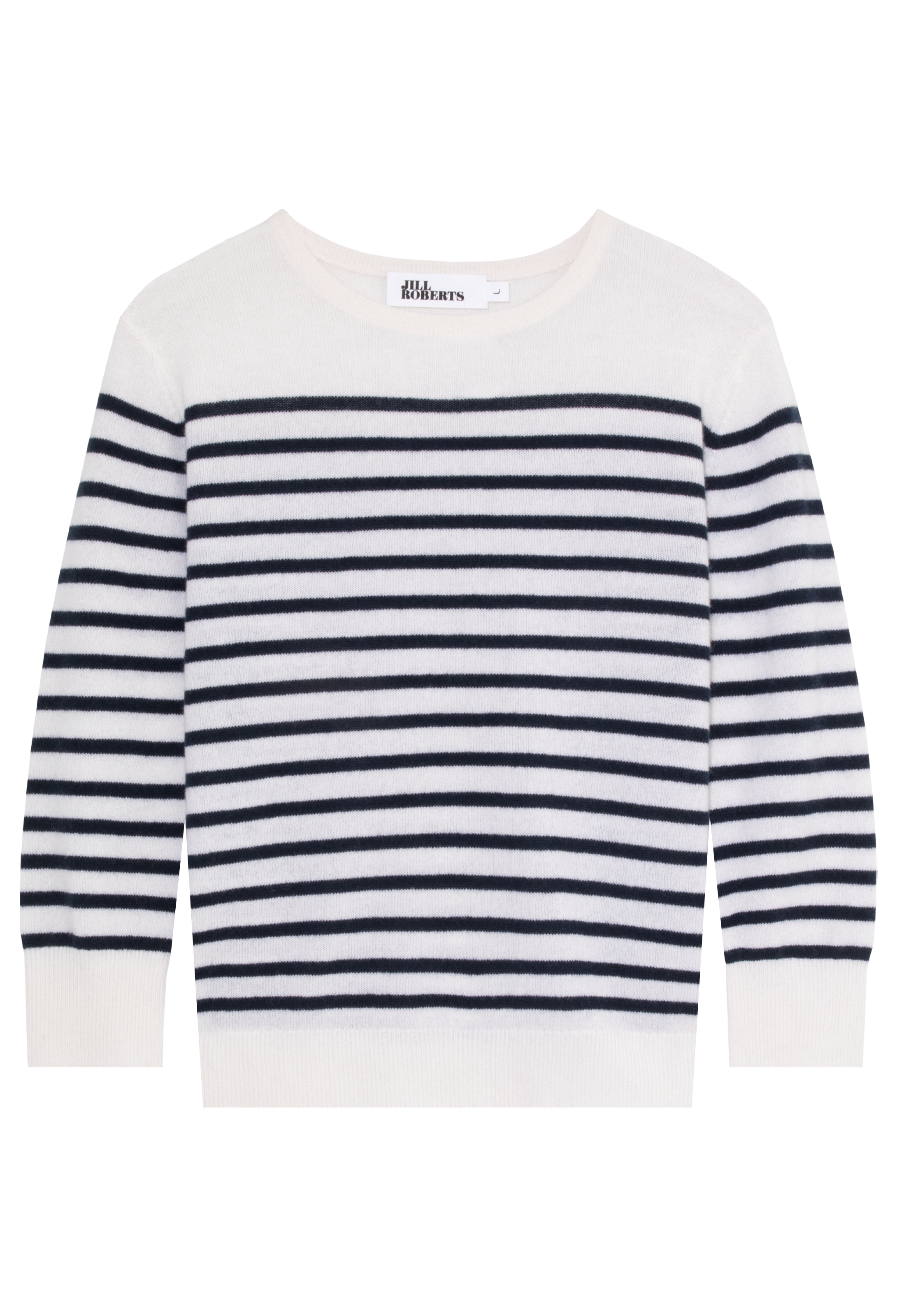 Striped sweater with navy and white stripes on a white background