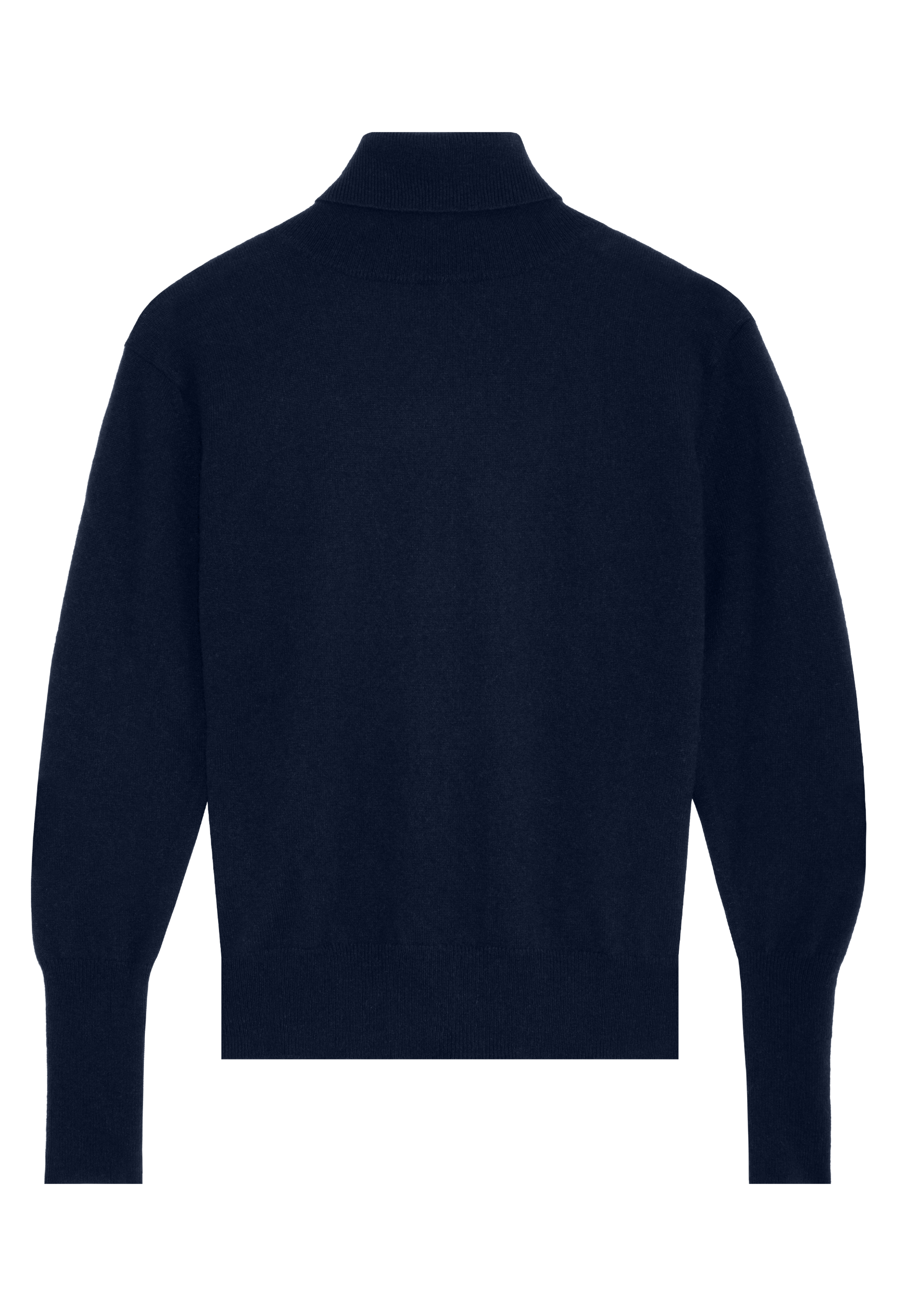 Navy blue turtleneck sweater on a white background