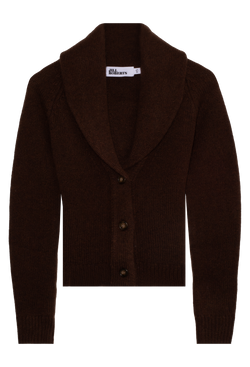 Brown cardigan with a shawl collar on a white background