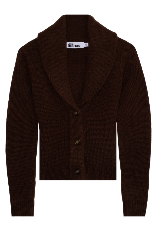 Brown cardigan with a shawl collar on a white background