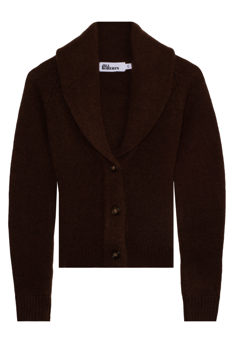Brown cardigan with a shawl collar on a white background