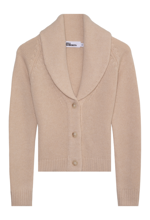 Beige cardigan with a Shawl collar on a white background