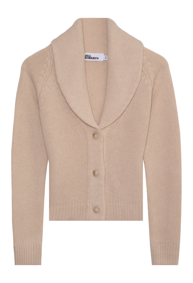 Beige cardigan with a Shawl collar on a white background