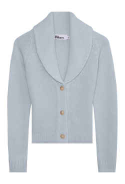 Light blue cardigan with a shawl collar on a white background