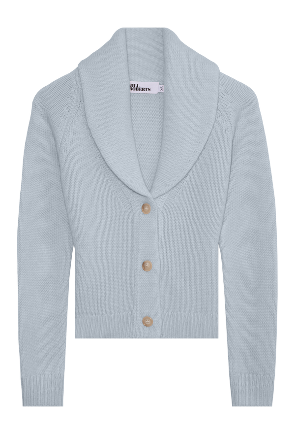 Light blue cardigan with a shawl collar on a white background