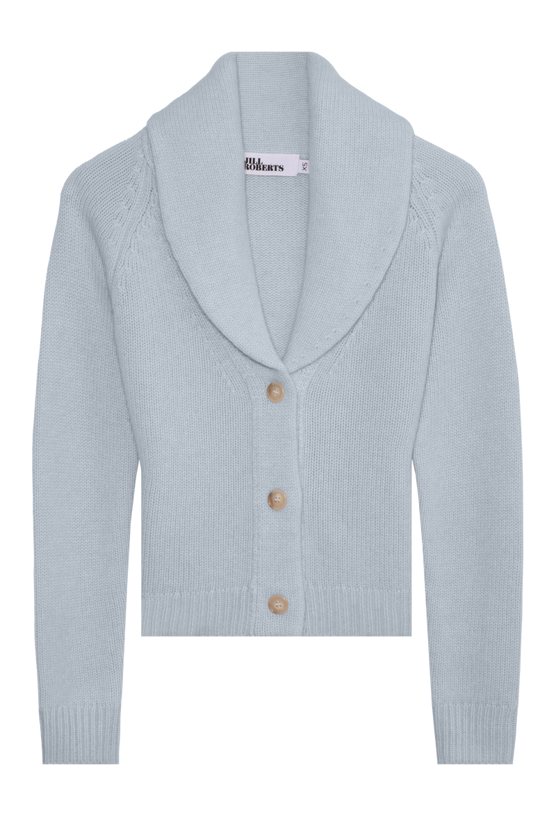Light blue cardigan with a shawl collar on a white background