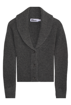 Dark gray cardigan with a shawl collar on a white background