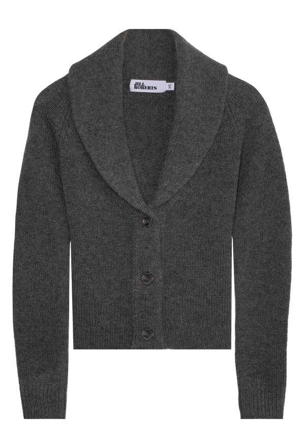 Dark gray cardigan with a shawl collar on a white background