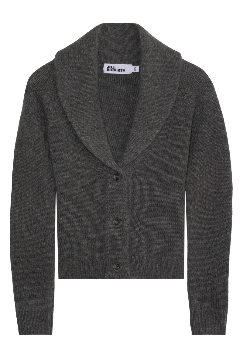 Dark gray cardigan with a shawl collar on a white background