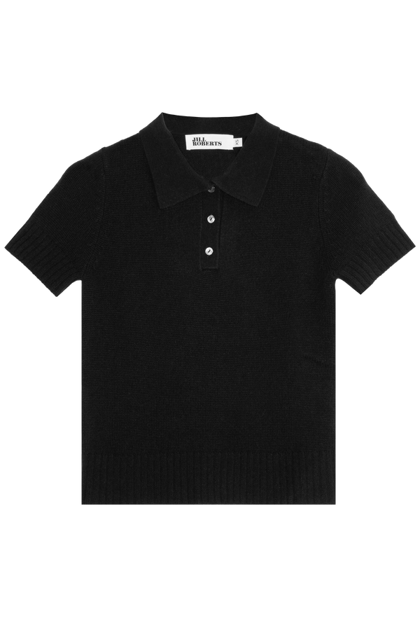 short sleeve black cashmere polo shirt on a transparent background