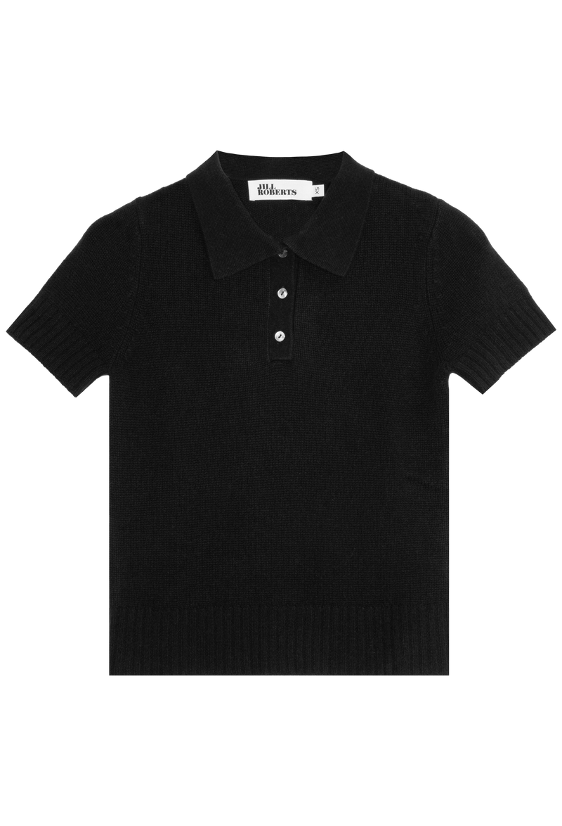 short sleeve black cashmere polo shirt on a transparent background