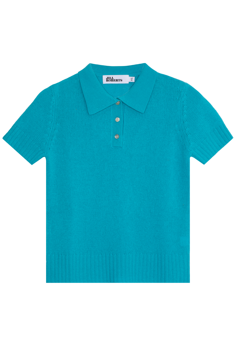 Blue cashmere short sleeve polo shirt on a transparent background