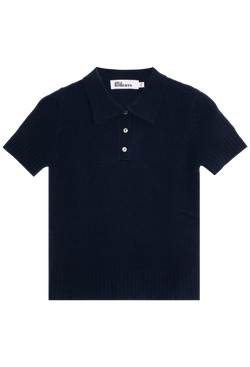 short sleeve navy cashmere polo shirt on a transparent background