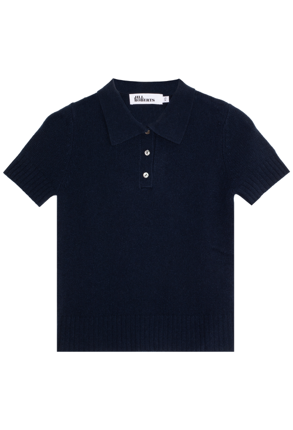 short sleeve navy cashmere polo shirt on a transparent background
