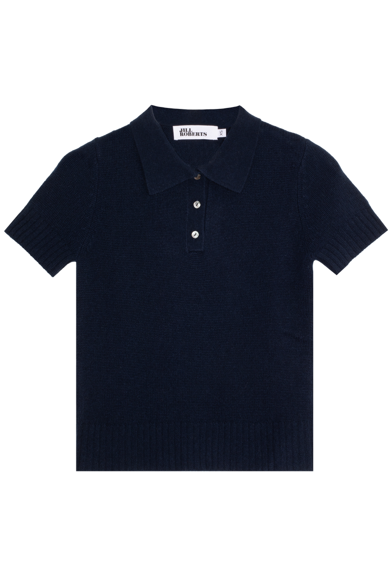 short sleeve navy cashmere polo shirt on a transparent background