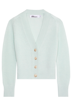 a light teal cashmere v-neck cardigan with four large creamy buttons. transparent background.