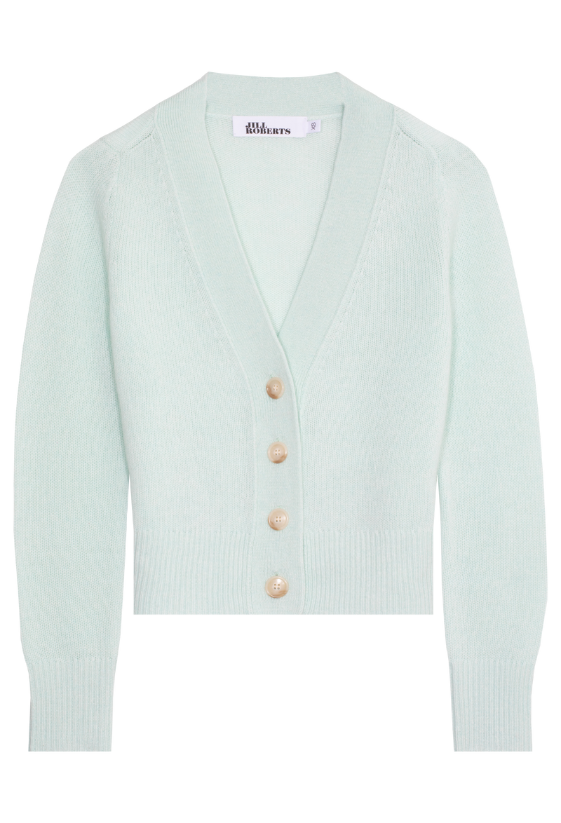 a light teal cashmere v-neck cardigan with four large creamy buttons. transparent background.