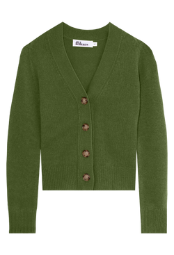 green v-neck cashmere cardigan with large buttons on a transparent background.
