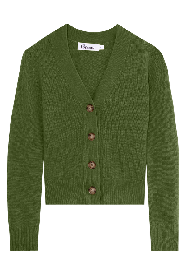 green v-neck cashmere cardigan with large buttons on a transparent background.
