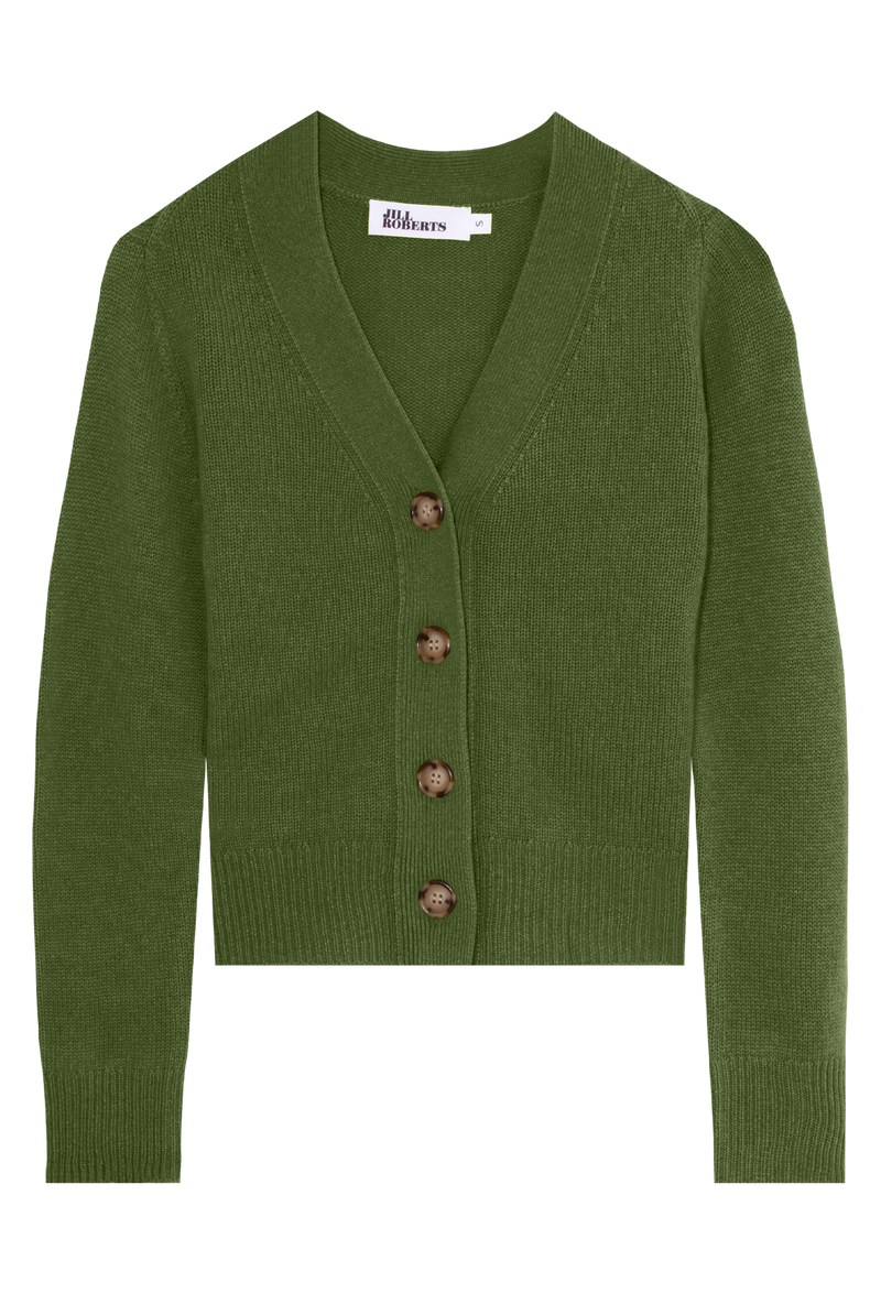green v-neck cashmere cardigan with large buttons on a transparent background.
