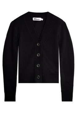 Black v-neck cardigan with large buttons on a transparent background