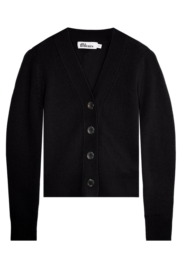 Black v-neck cardigan with large buttons on a transparent background