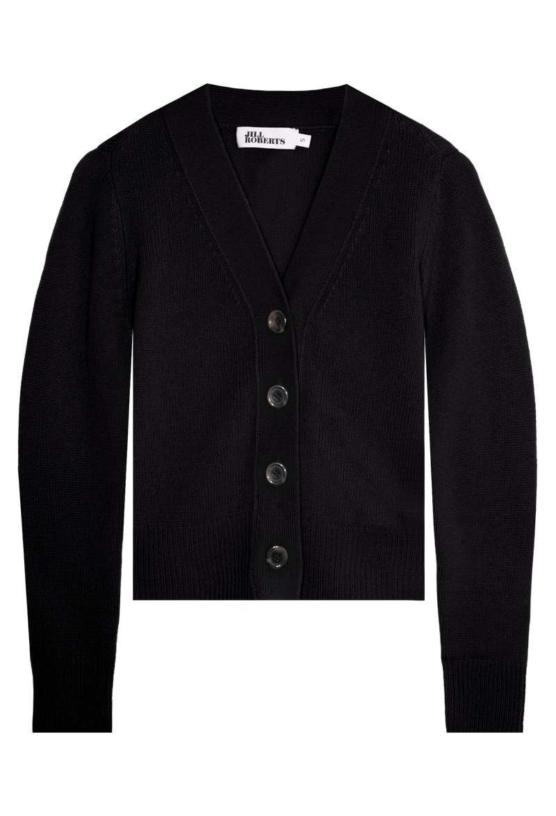 Black v-neck cardigan with large buttons on a transparent background