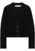 A black knit cardigan sweater with a V-neck, long sleeves, and a front button closure, shown flat on a white background. 