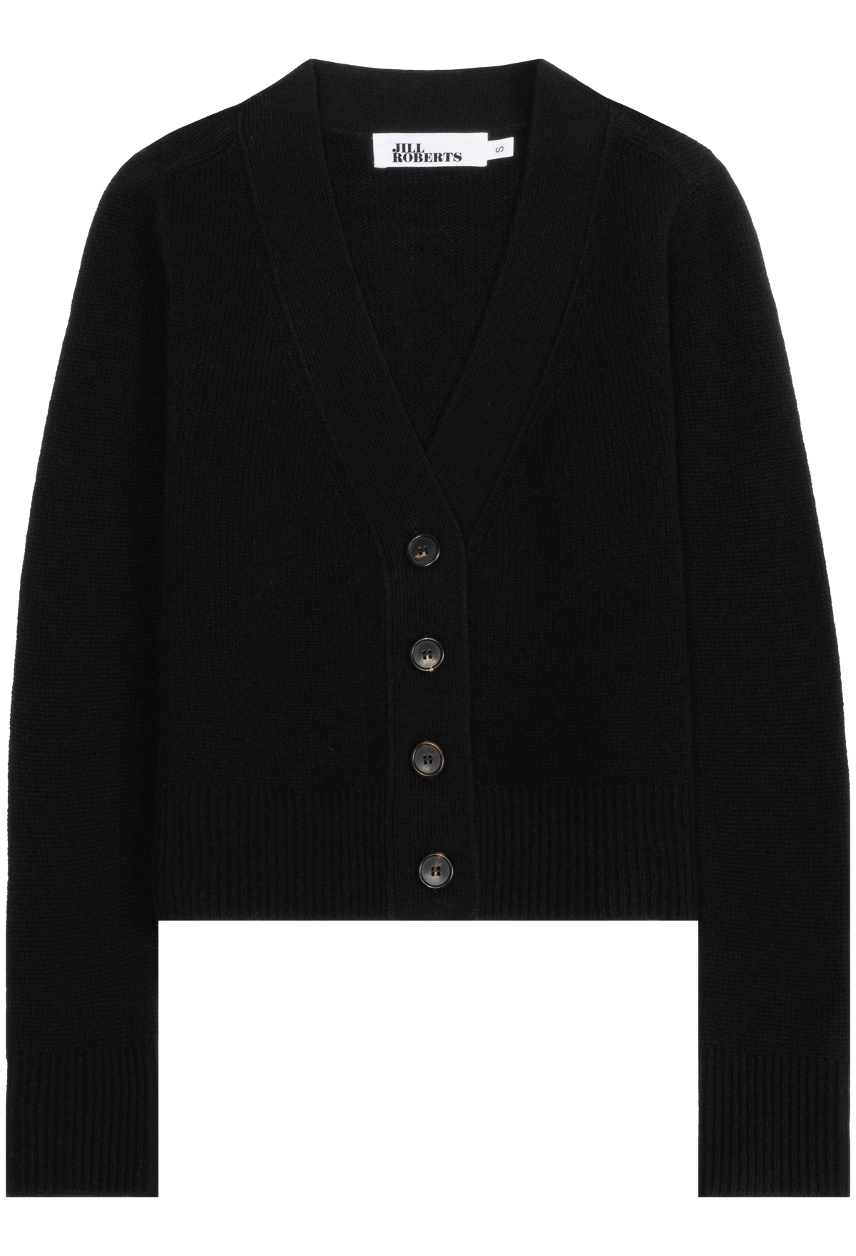 A black knit cardigan sweater with a V-neck, long sleeves, and a front button closure, shown flat on a white background. 