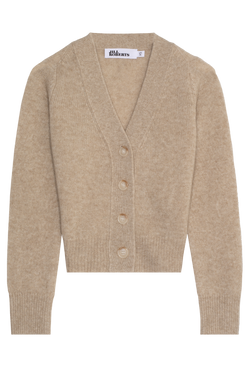 Beige heathered cashmere v-neck cardigan with large buttons on a transparent background