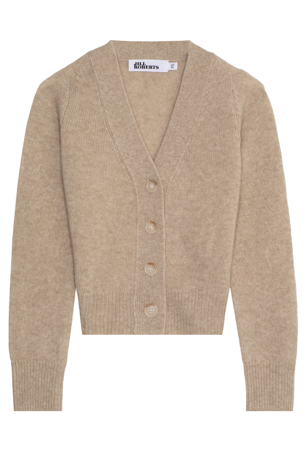 Beige heathered cashmere v-neck cardigan with large buttons on a transparent background