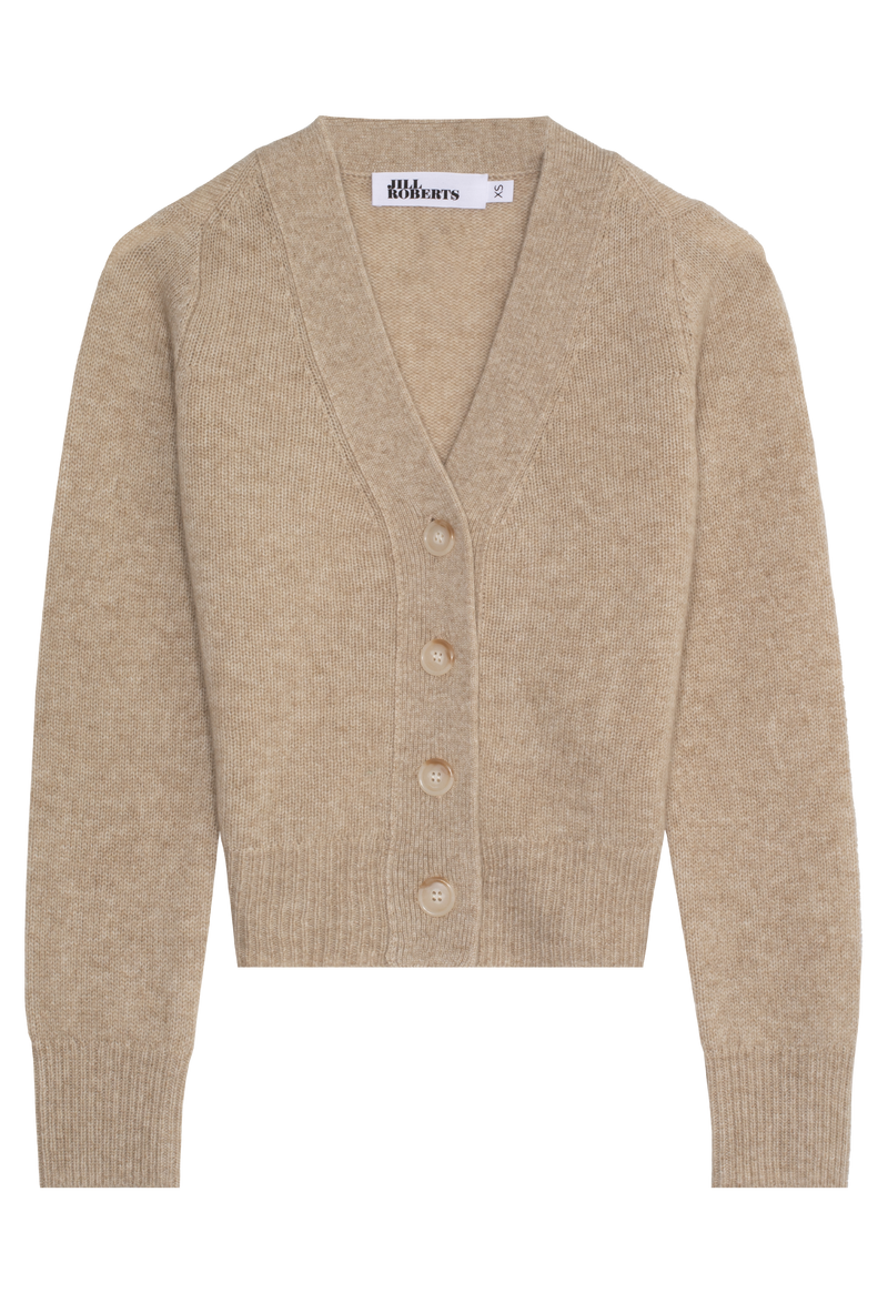 Beige heathered cashmere v-neck cardigan with large buttons on a transparent background