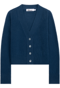 A dark blue knit cardigan sweater with a V-neck, button-front closure, and ribbed cuffs and hem, shown on a plain white background.