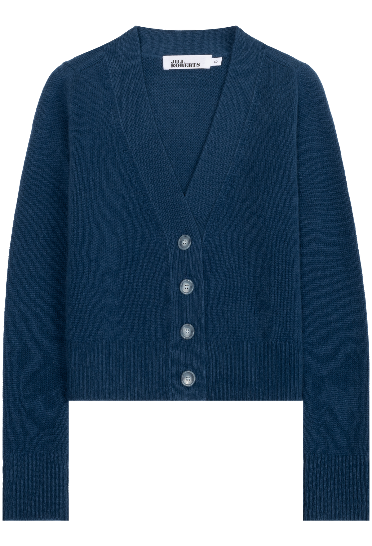 A dark blue knit cardigan sweater with a V-neck, button-front closure, and ribbed cuffs and hem, shown on a plain white background.
