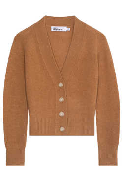 a brown cashmere v-neck cardigan with four large creamy buttons. transparent background.