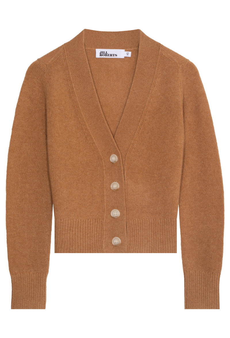 a brown cashmere v-neck cardigan with four large creamy buttons. transparent background.