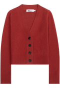 A red ribbed knit cardigan sweater with a V-neck, long sleeves, and a front button closure, shown flat on a white background.