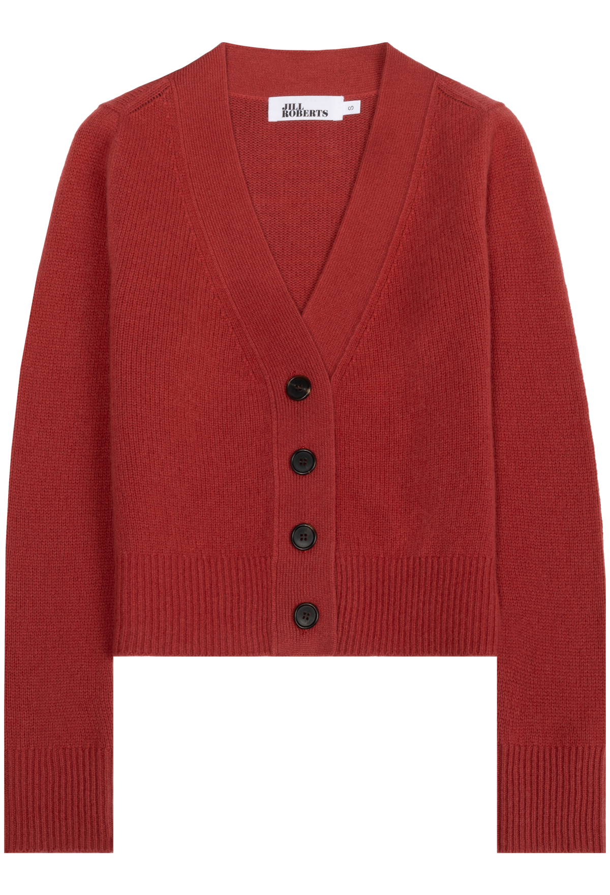 A red ribbed knit cardigan sweater with a V-neck, long sleeves, and a front button closure, shown flat on a white background.