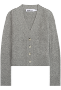 A light gray knit cardigan sweater with a V-neck, button-front closure, and ribbed cuffs and hem, shown flat against a white background.