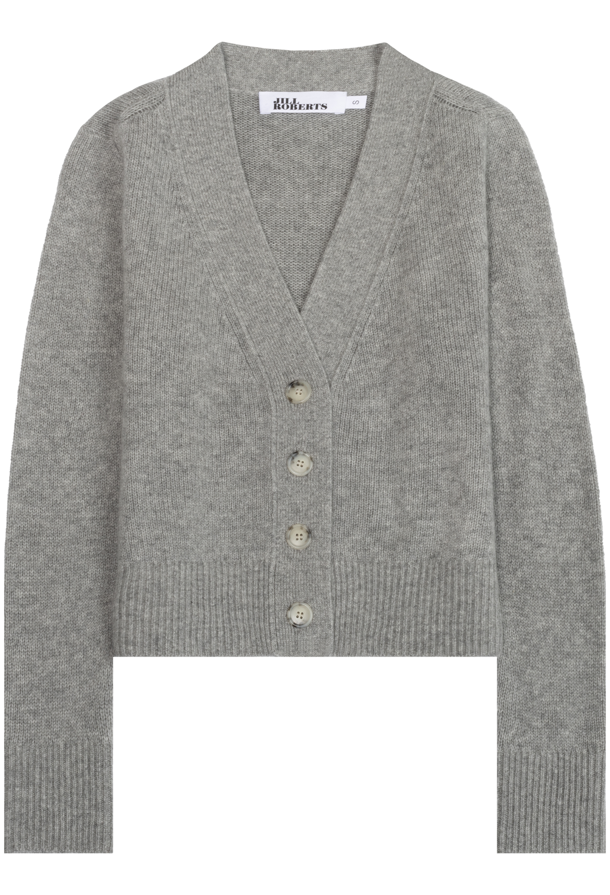 A light gray knit cardigan sweater with a V-neck, button-front closure, and ribbed cuffs and hem, shown flat against a white background.