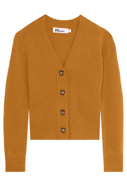 Gold cardigan with large button details on a transparent background