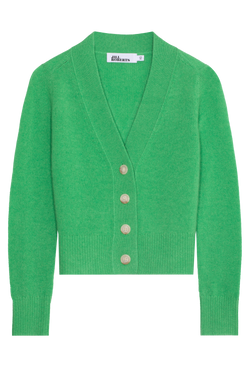 a bright green cashmere v-neck cardigan with four large creamy buttons. transparent background.