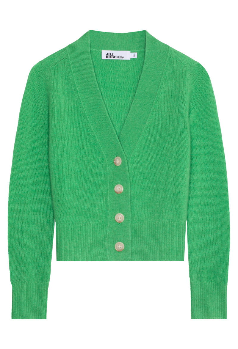 a bright green cashmere v-neck cardigan with four large creamy buttons. transparent background.