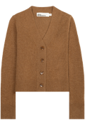 A cropped brown knit cardigan sweater with a V-neck, four brown buttons, and ribbed cuffs and hem, shown flat on a white background. 
