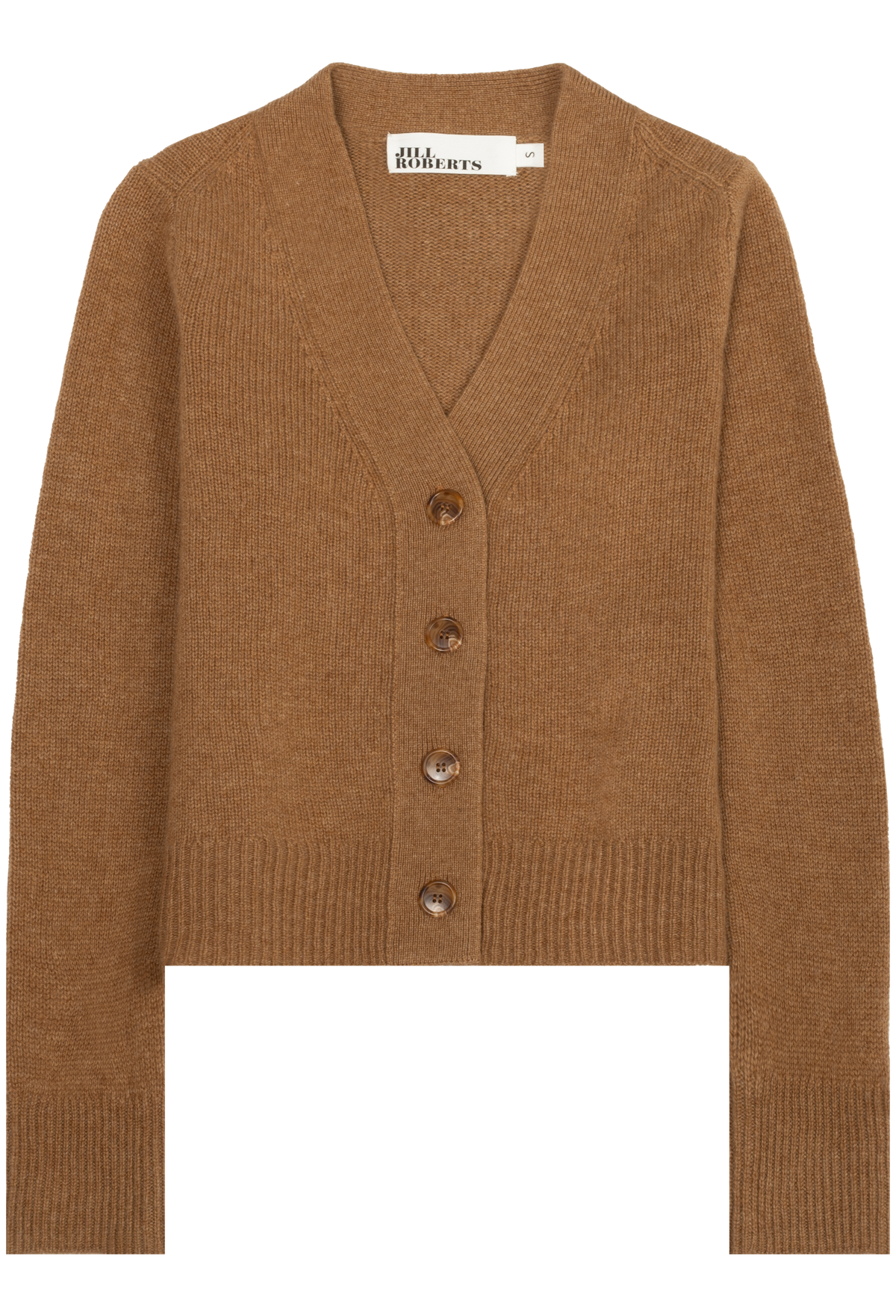 A cropped brown knit cardigan sweater with a V-neck, four brown buttons, and ribbed cuffs and hem, shown flat on a white background. 
