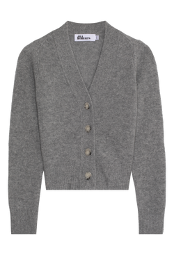 Gray heathered cardigan with large button details on a transparent background